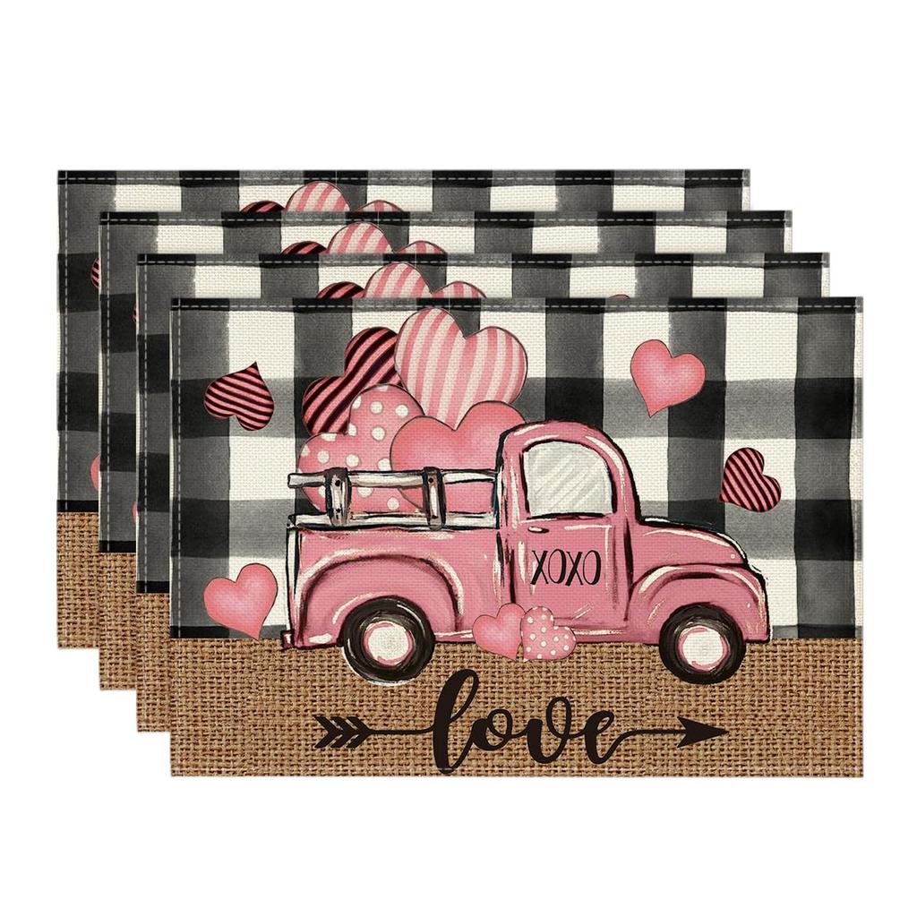 Valentine Placemats Set of 4, 12x18 Inch Black Red Buffalo Plaid Hearts Truck Love Table Mats for Party Kitchen Dining Decoration