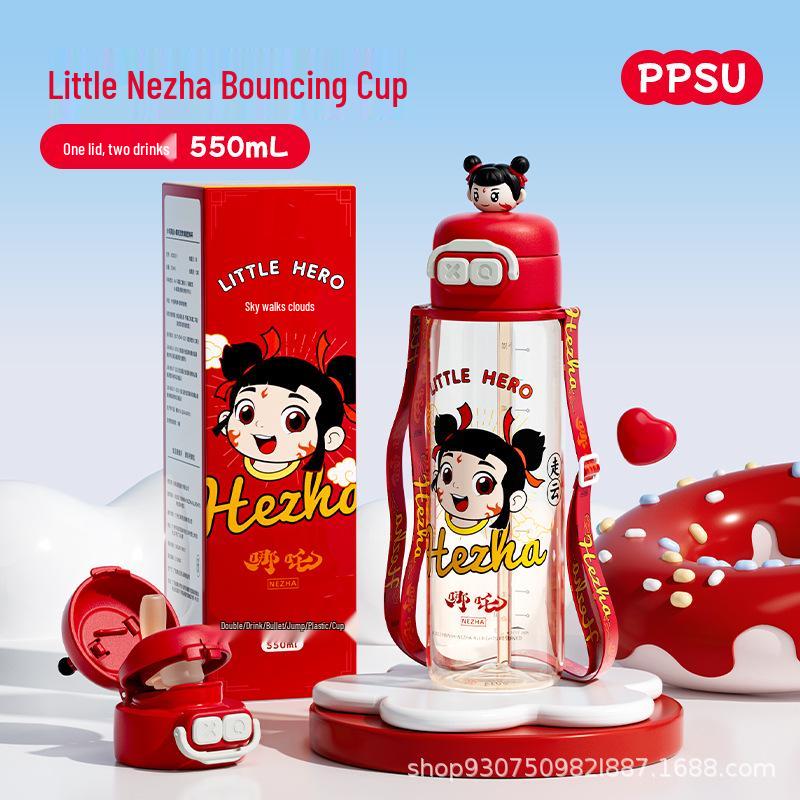 Nezha Kids PPSU Water Cup with Straw - High Temp Resistant, Portable, Double Drink Design 501-600ml