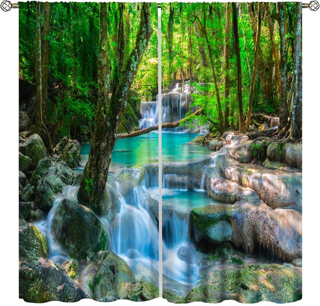 Waterfall Curtains Spring Nature Theme Landscape Pattern Forest Thermal Bedroom Living Room Panel Set Blackout Made Of Polyester Area Decor