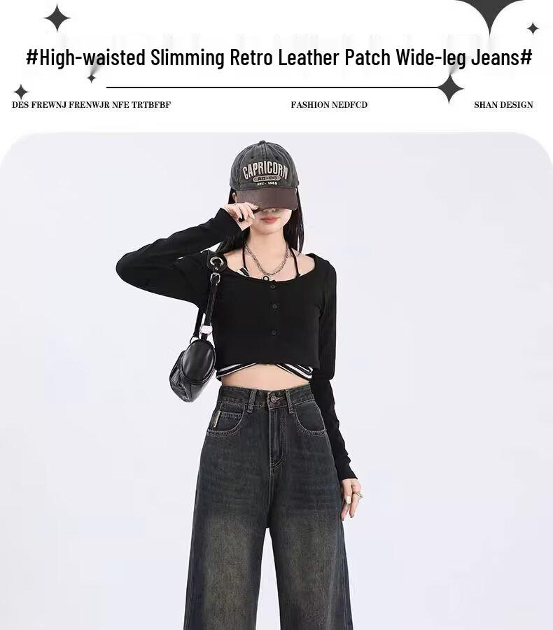 Women's Plus Size Dark Washed Wide-Leg Jeans with Zipper - Retro Style for Spring and Autumn