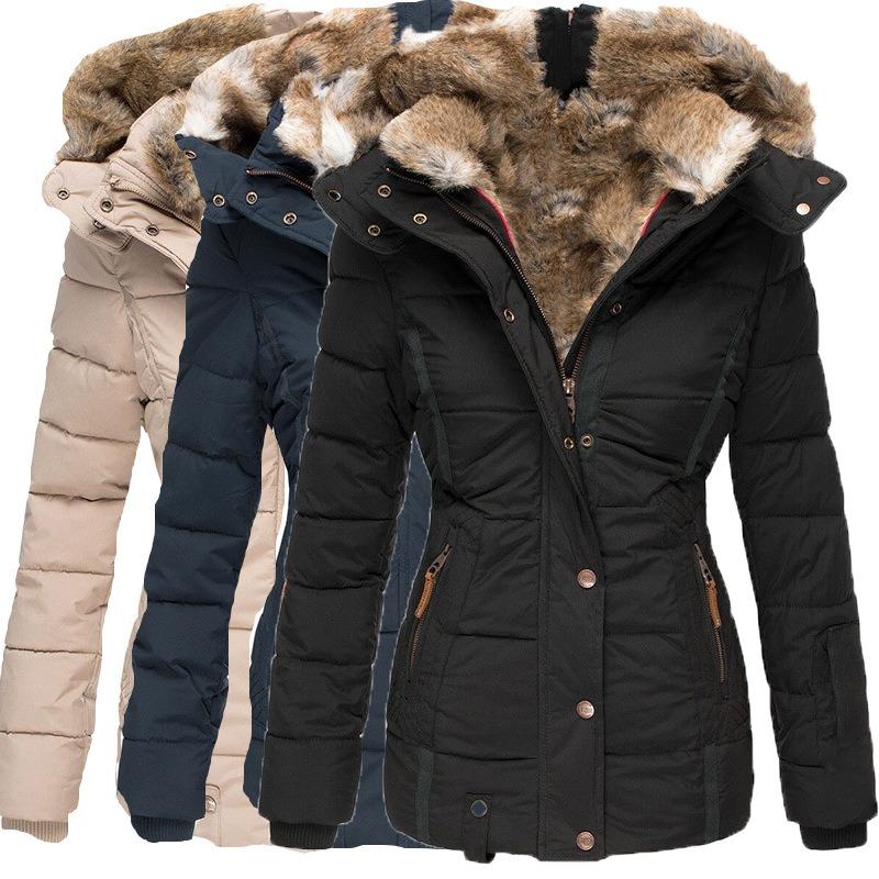 New Winter Warm Fur Collar Cotton Coat Women's Zipper Long-sleeved Slim Cotton Coat Hooded Coat