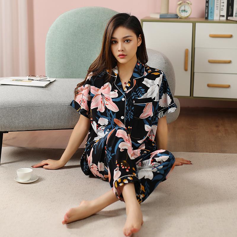 Cotton and silk pajamas women's spring and summer short-sleeved large-size suit spring and autumn thin cartoon printed loungewear