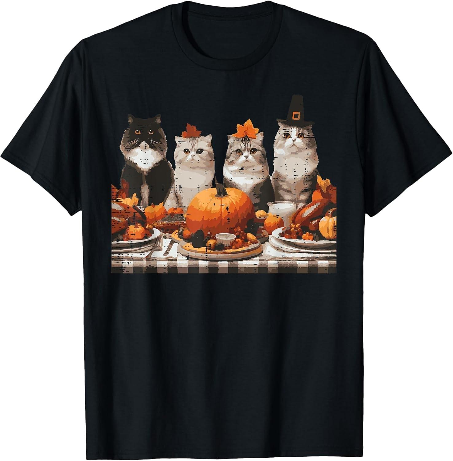 NEW LIMITED! Thanksgiving Cats Dinner Feast Vintage Fall Tee - MADE IN USA S
