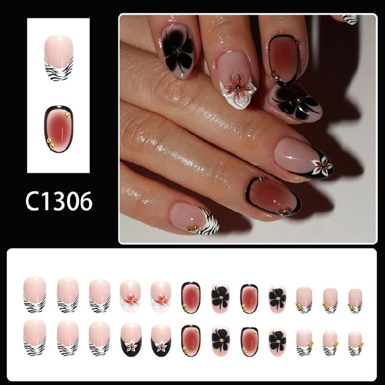 Pack of 1 Fashionable Artificial Nail with Short Length Glossy Oval Leopard French Daily Parties Manicure