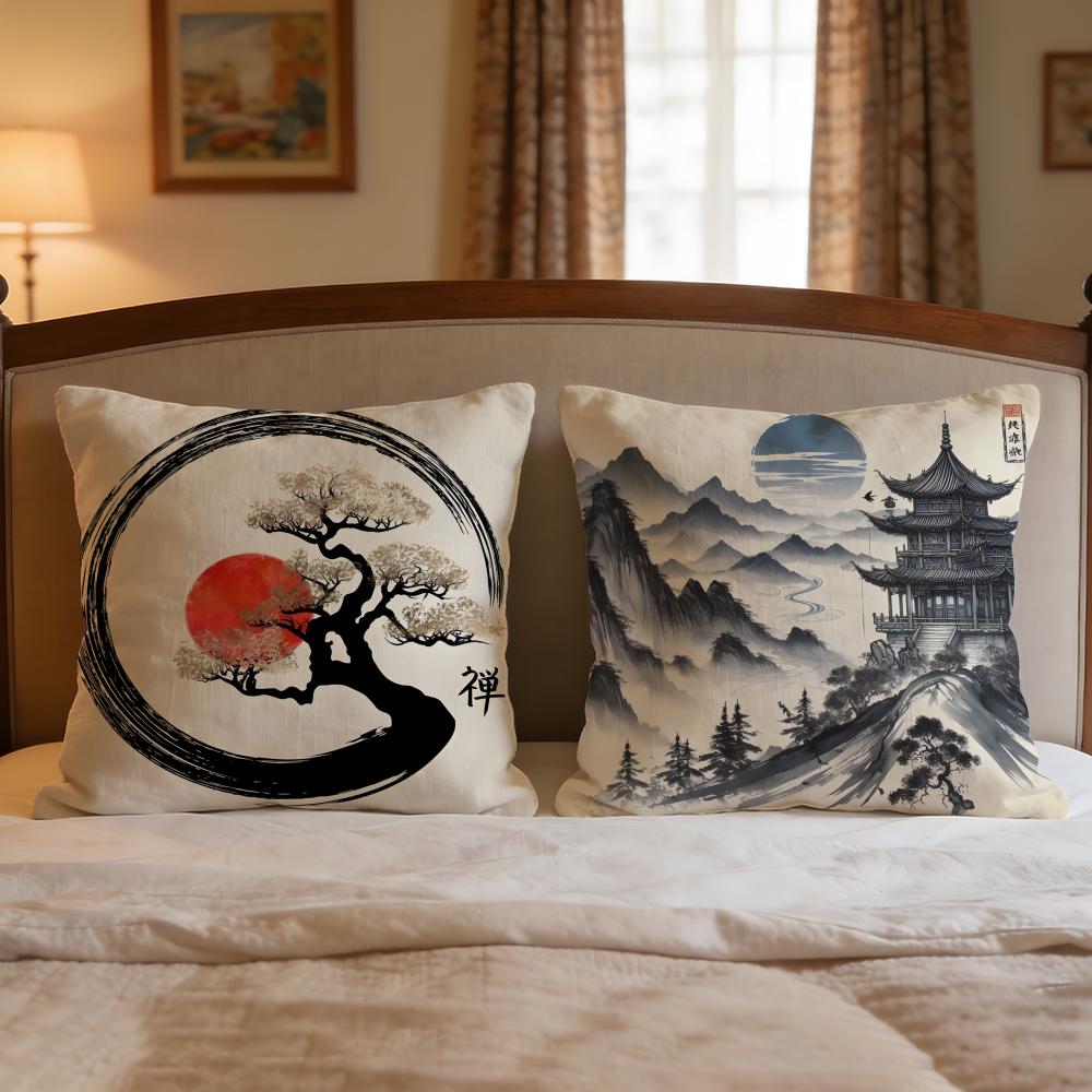 Chinese Ink Painting Style Cushion Cover 1Pcs Decorative Covers Soft Cushion Case For Sofa Couch Decor 40X40 45X45 Pillowcases