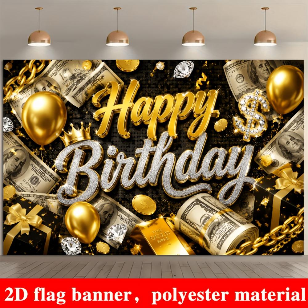 Black Gold Luxury Birthday Party Backdrop Banner, Cash Gold Bars Balloons Diamond Gift Photo Background, Polyester Indoor Outdoor Wall Decor