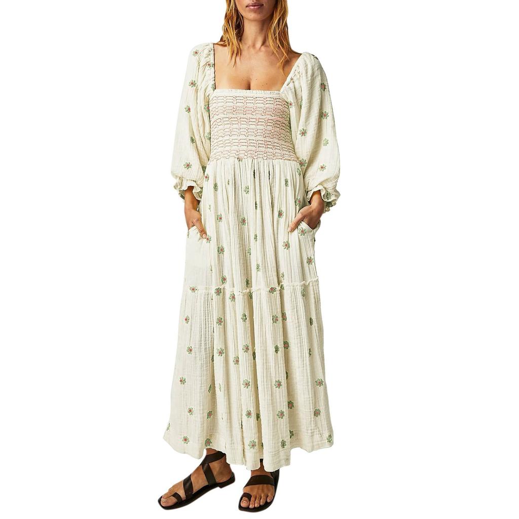 Damen Freizeitkleid Quadratischer Ausschnitt Trompetenärmel Langer Rock Lässige und Sommer Maxikleider Für Damen