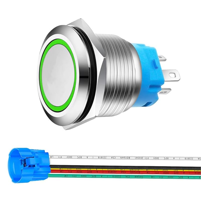 22mm Momentary Push Button with Wire Socket 3A-12-24V(AC/DC) 1NO 1NC SPDT On Off Metal Waterproof IP65 Self Reset (Red&Green LED)