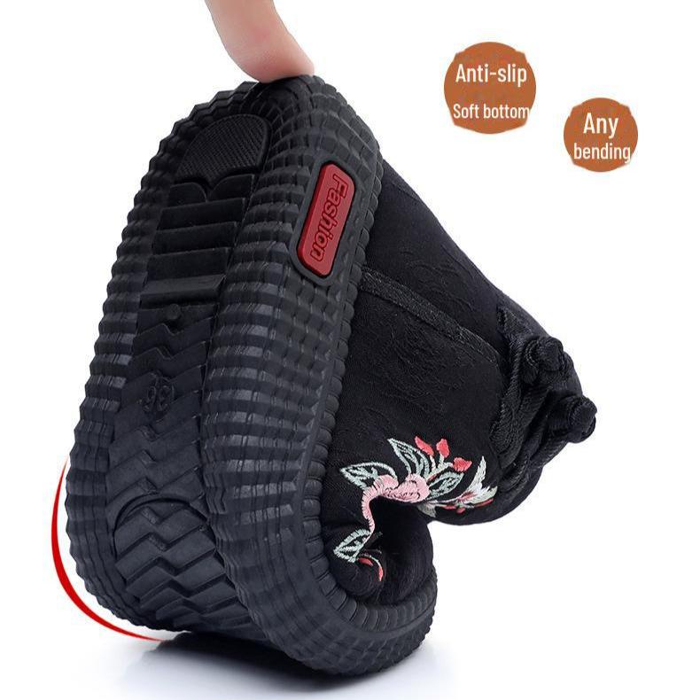 Botas altas bordadas: Sapatos de algodão quentes, antiderrapantes e com sola macia para idosos - estilo étnico, perfeitos para o inverno(Peça um tamanho acima)