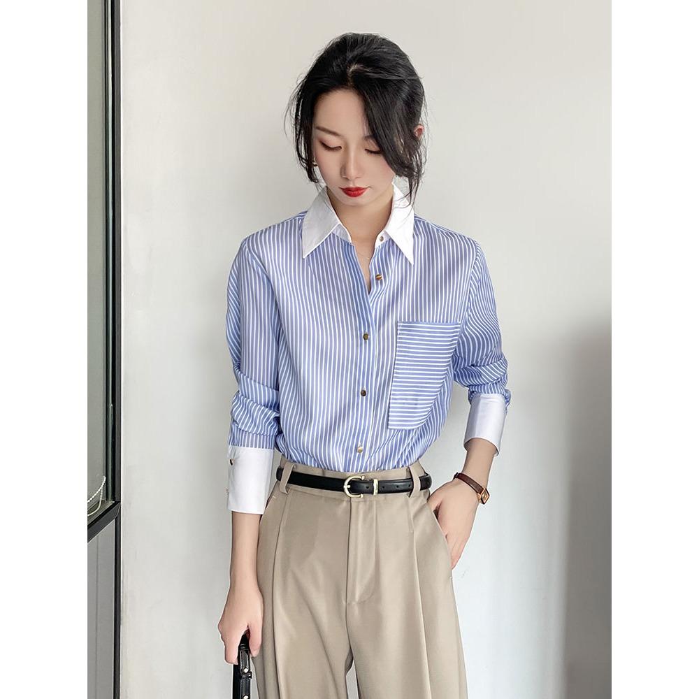 

Рубашка с воротником в вертикальную полоску, корейская версия, весенне-осенний стиль, нишевый темперамент, для通勤, кардиган на нескольких пуговицах XL синий