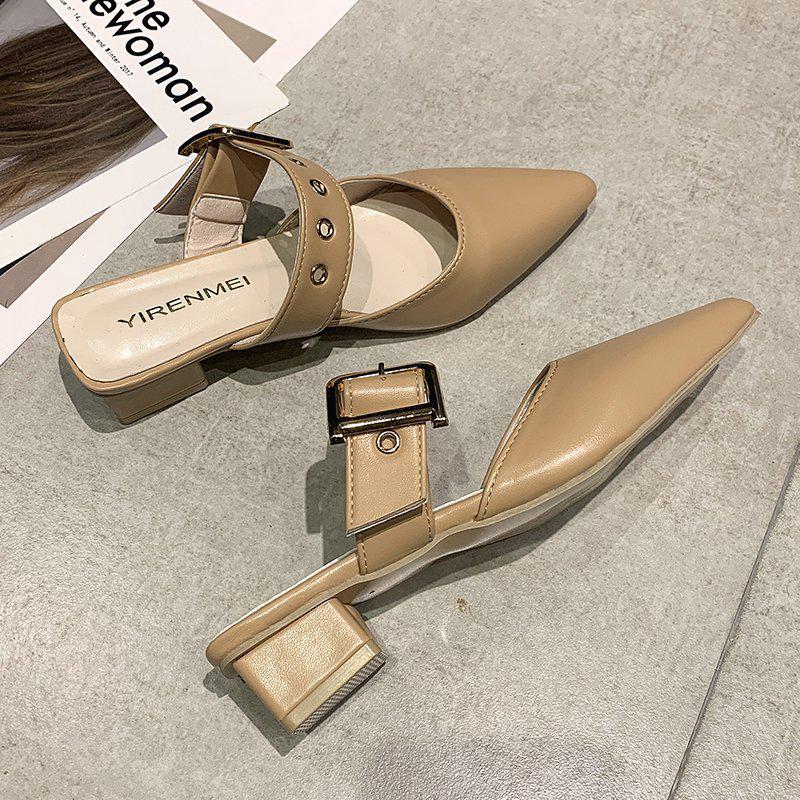 Women's 2025 Summer Korean Style Pointed Toe Closed Slippers with Belt Buckle & Chunky Heel