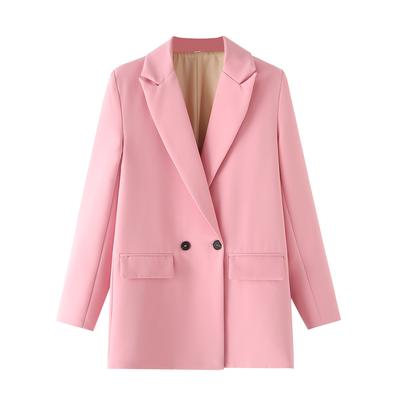 Women Fashion Pockets Solid Double Breasted Blazer Vintage Long Sleeves Notched Neck  Office Lady Outfits