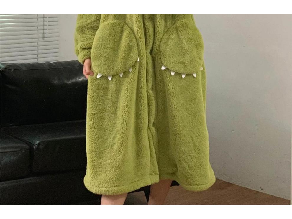 Cozy Hooded Velvet Nightgown with Big Eyes Design - Women's 2024 Winter Coral Fleece Loose-Fit Pajamas for Couples