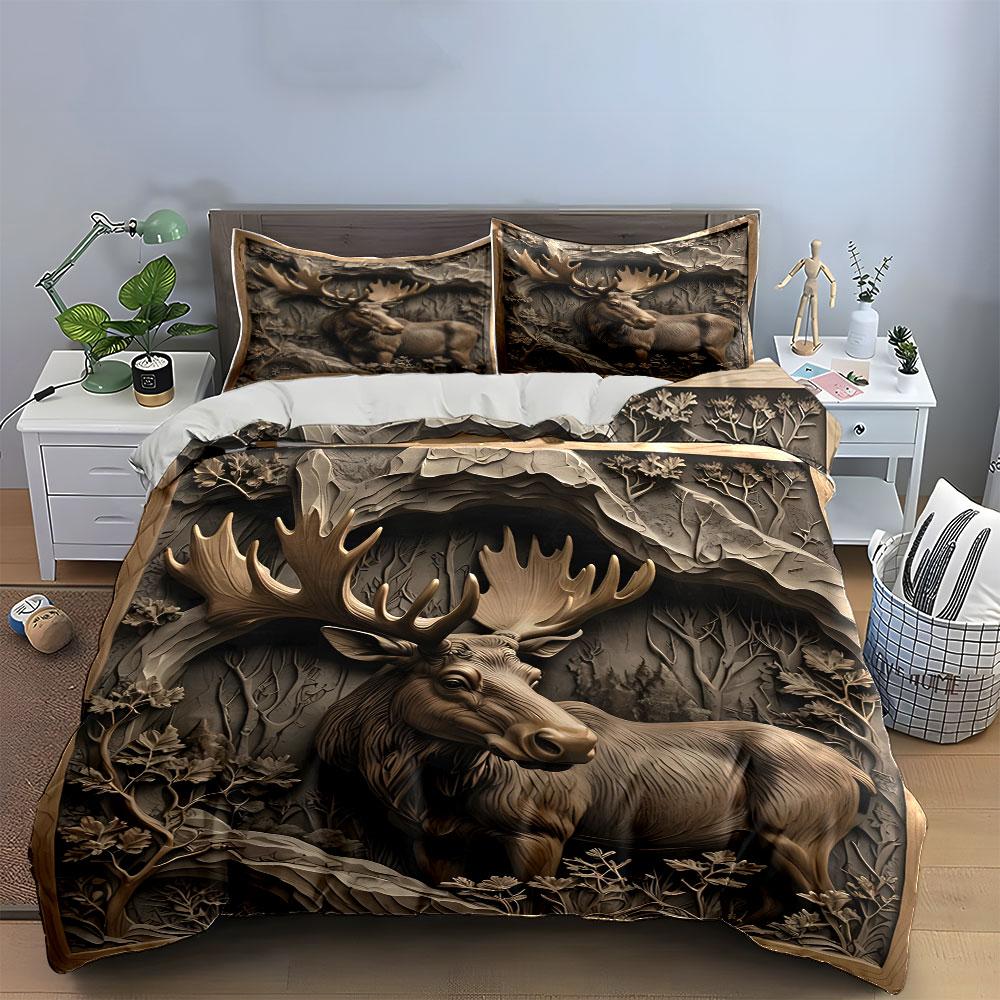 Stag In Forest Carved Design Bedding Duvet Cover Set  (1*Duvet Cover 2*Pillowcases, Without Duvet Insert)