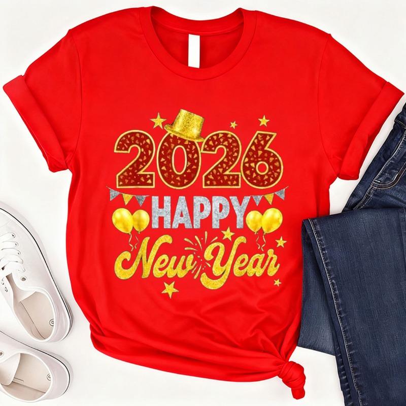 Happy New Year 2026  Party Design Best TShirt Crew Neck Short Sleeve Cotton Top All Seasons Casual Fashion Soft Comfortable Tee