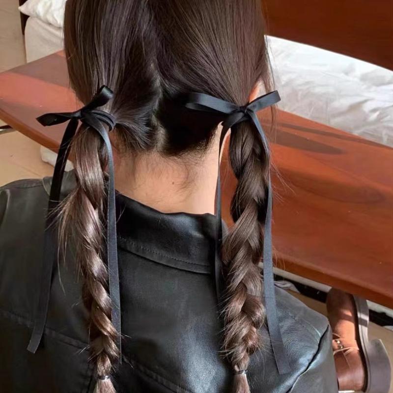 2PCS/Set Long Ribbons Small Bow Ponytail Hair Rope Ties Solid Color Hair Circle Hair Accessories