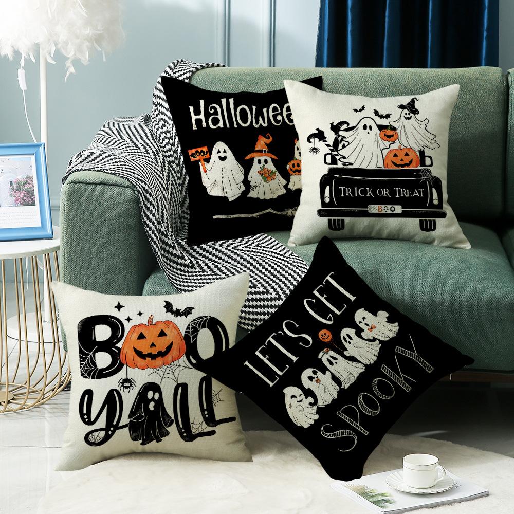New Halloween Pillow Cover with Cute Pumpkin Ghost Element Letters Digital Print Decorative Pillow Cover