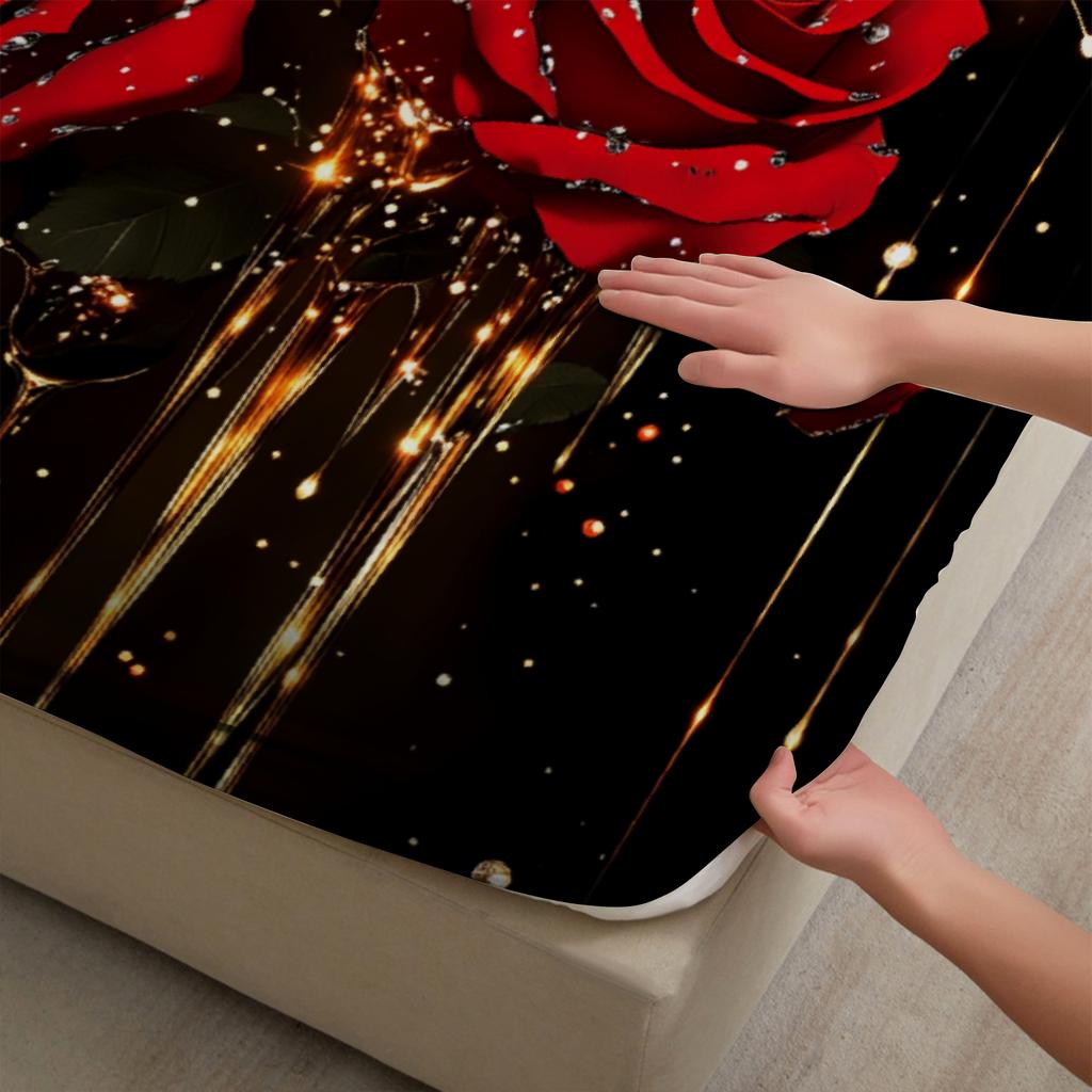3pcs Red Black Soft Fitted Sheet Roses 3D Print Romantic Floral For Girls Couples 100% Polyester Flat Sheet With 2 Pillowcases