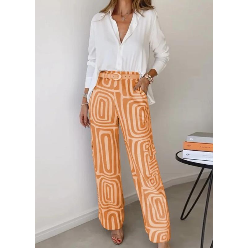 QICED Costumes pantalons pour femmes Mode Décontracté Couleur Unie Imprimé Manches Longues Col Polo