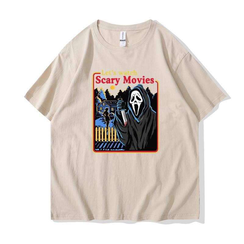 Vintage Lets Watch Scary Movies Screams Horror T-Shirt Men Crewneck 100% Cotton T Shirts Short Sleeve Tee Shirt Classic Clothes