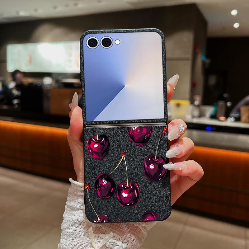 Z Flip 7 Case Retro Oil Painting Style Cherry Pattern Leather Texture Folding Fhone Cover For Samsung Galaxy Z Flip 7 6 5 4 Flip7 Flip6 Flip5