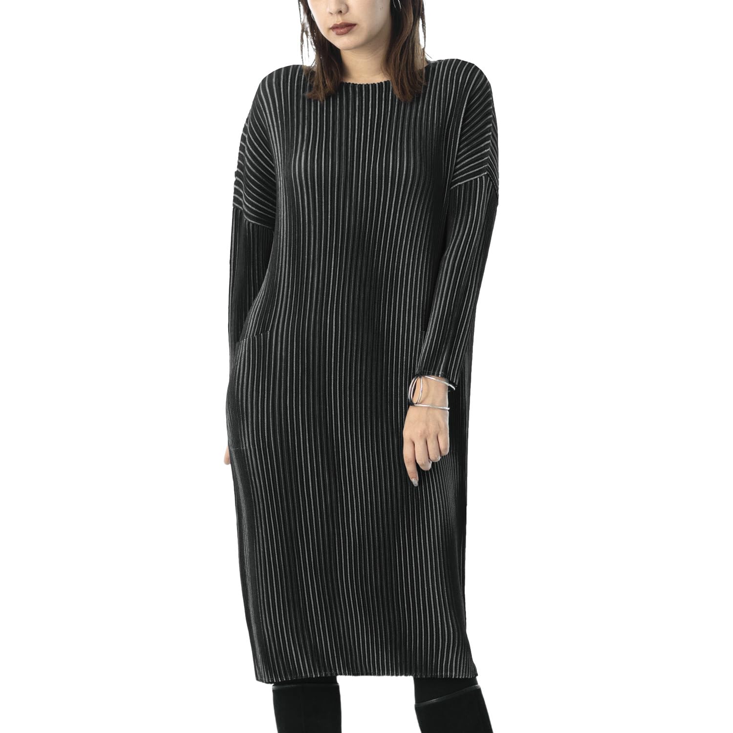 

Shuttle pleats striped pattern dress for women size fits fits sizes elastic formal dress body long large hand black x gray [SPECCHIO] I-line (one all,