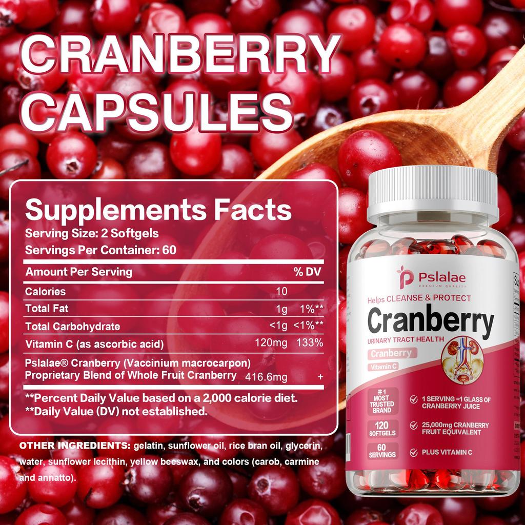 Pslalae Cranberry & Vitamin C Softgels - Immune Support, Urinary Tract Health, Easy Swallow Capsules - 120 Count