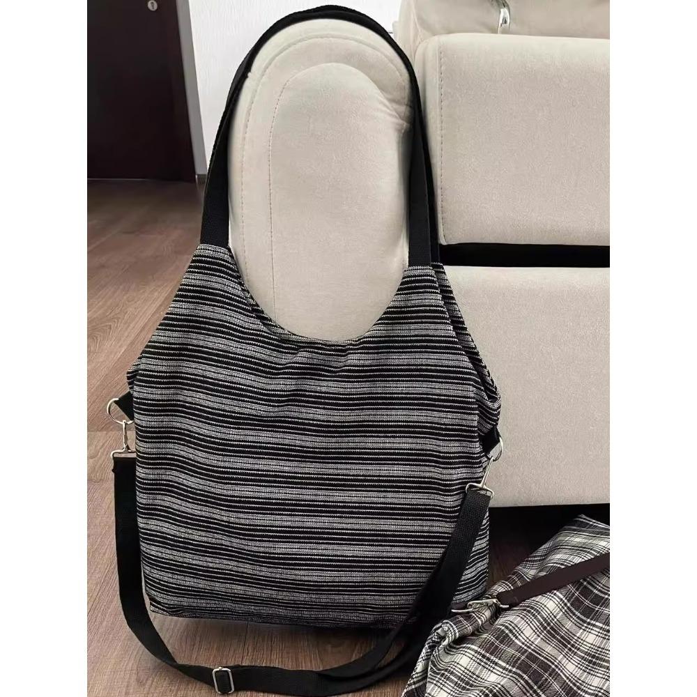 2025 new fashion canvas bag retro plaid striped shoulder bag large capacity casual versatile class commuter bag