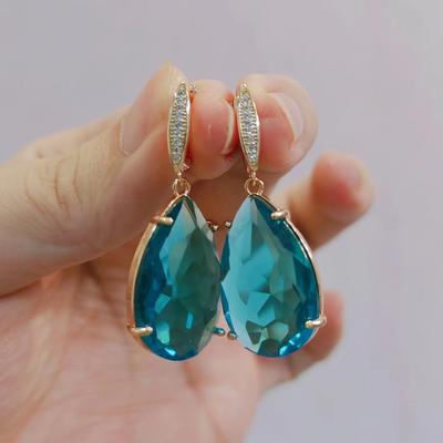 Blue Drop Shape Crystal Zircon Dangle Earrings for Women 2023 New Gold Color Earring Fashion Luxury Party Jewelry Accessories