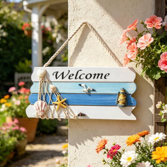 Beach Welcome Sign for Front Door Summer Ocean Wood Plaque Rustic Door Hanger with Starfish Shells for Farmhouse Outdoor Porch Decor