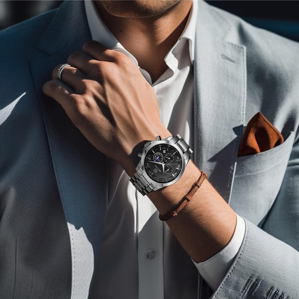 BENYAR Men's Watch Multi-Calendar Chronograph Business Formal Stainless Steel Band Analog Water-Resistant Scratch-Resistant