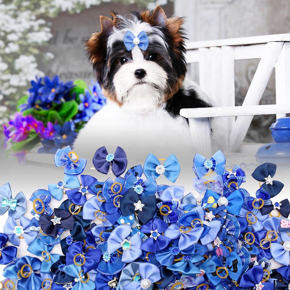 

10/20PCS Blue Style Puppy Bows With Rubber Bands Handmade Dog Bows Cat Bowknots Pet Hair Accessories For Small Dogs 20PCS