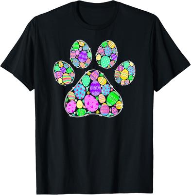 Easter Paw Print Colorful Eggs Graphic Tee Casual Crew Neck Cotton T-Shirt for Pet Lovers