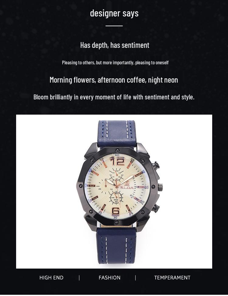 Men's Korean Style Casual Leather Strap Quartz Watch with Big Dial and Unique Design