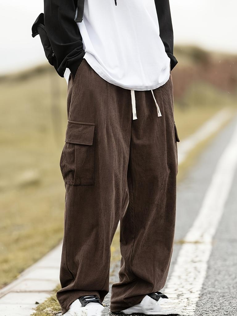 Men's Loose Solid Pants with Multi Pockets Casual Drawstring Trousers for Outdoor