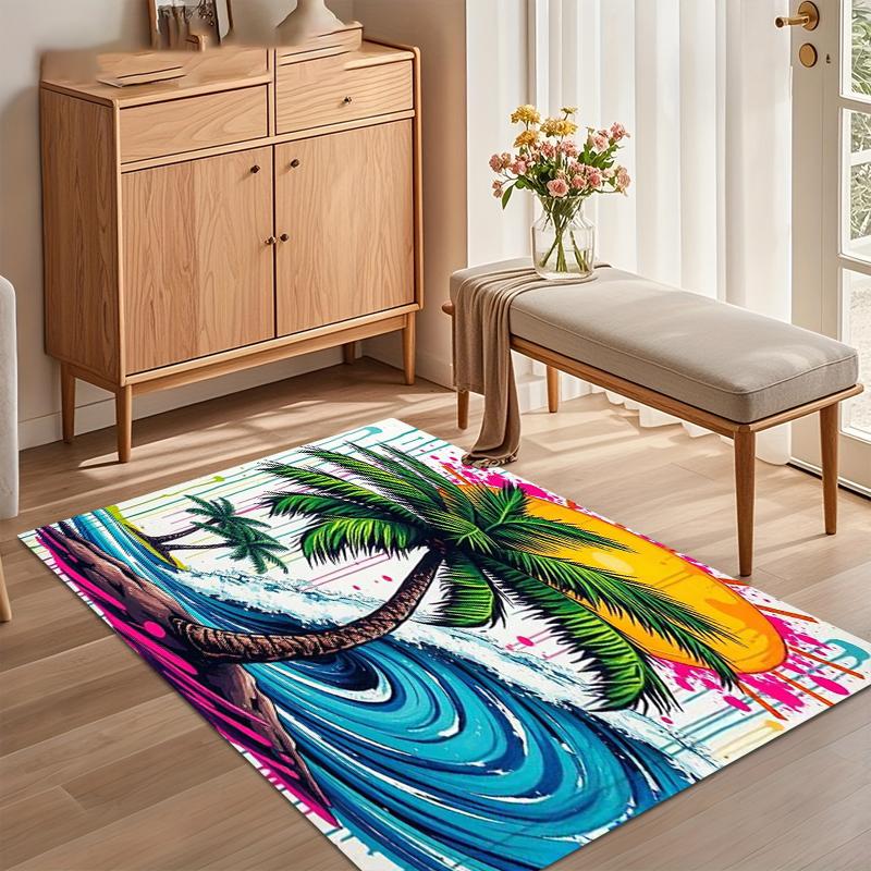 Weicher rutschfester kräftiger tropischer Strand-Teppich mit lebendigem Palmen- und Wellen-Design für Kinderzimmer Schlafzimmer Wohnzimmer Dekoration