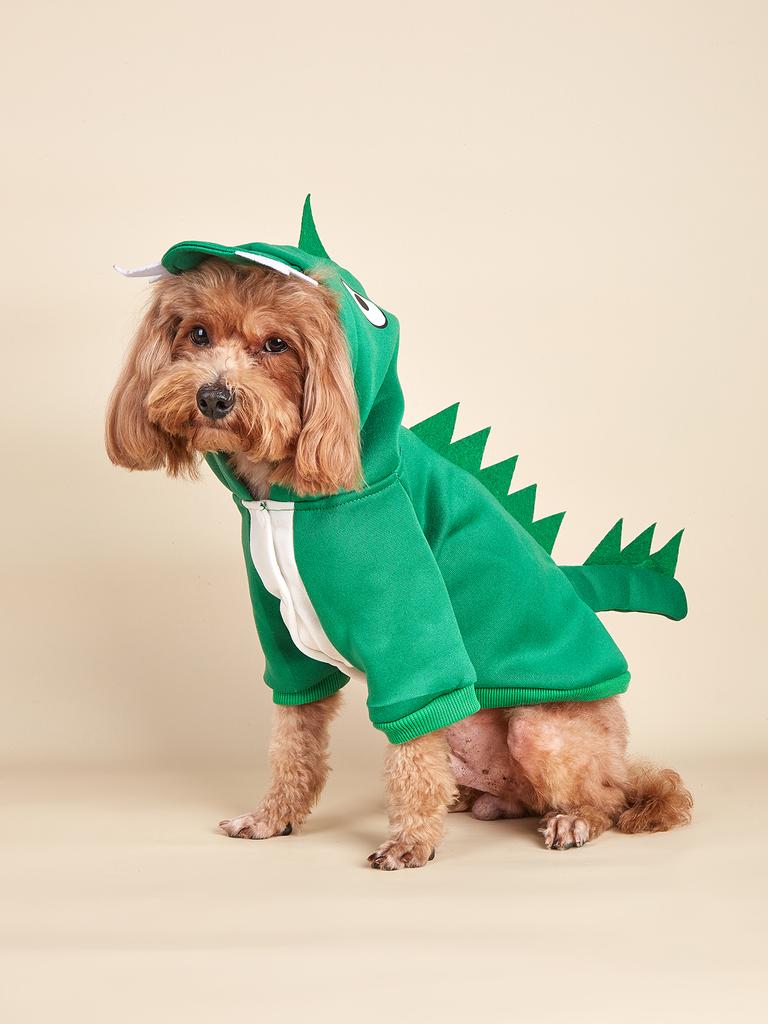 Halloween Dinosaur Dog Costume Clothes, Green Plush Pet Hoodie with 3D Dino Details, Festive Pet Outfit for Small/Medium Dogs