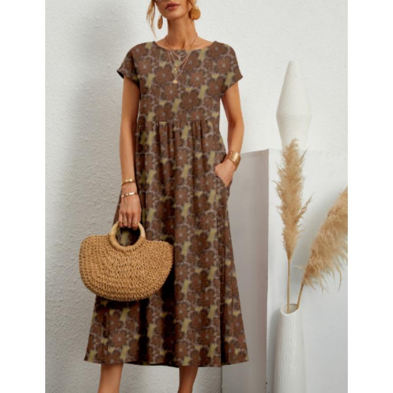 QICED Fashion Ladies Loose Cotton Linen Sleeveless Crew Neck Print Summer Dress