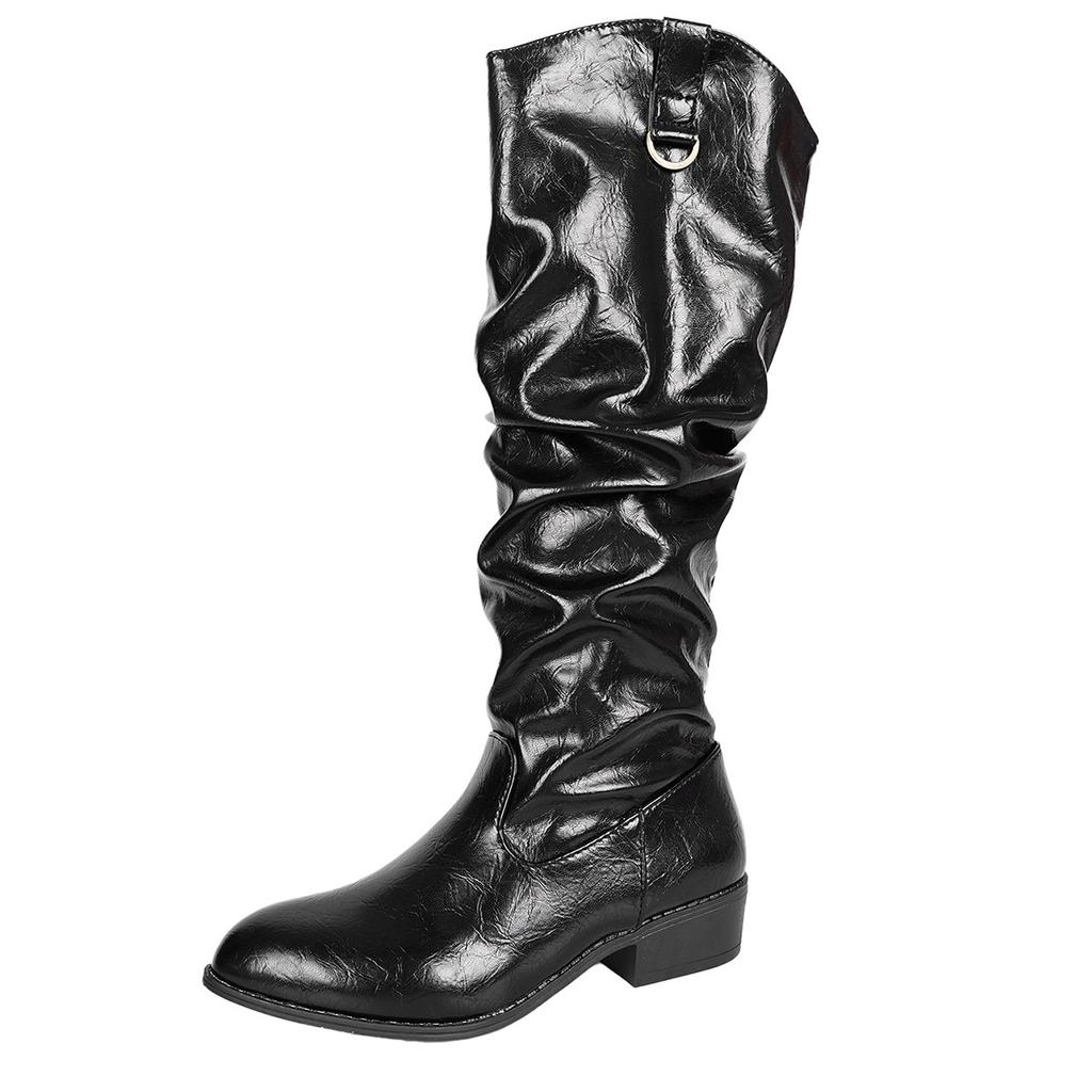 Fashion Autumn and Winter New Pleated Long Boots for Women Low Heel Pointed Head V-mouth Ladies Knight Botas Fashion Black Slip On Shoes