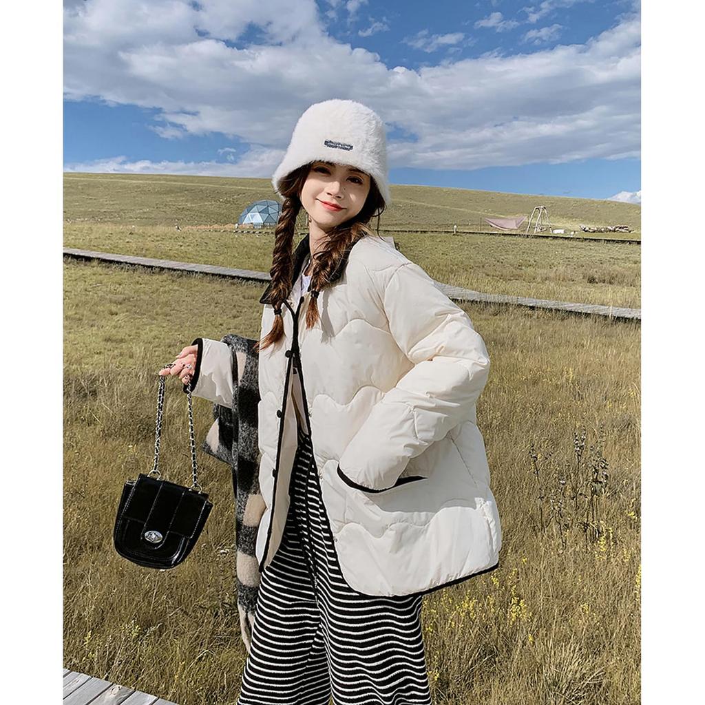 Kayiyasu Down Short Women's Jacket, Collarless, Quilted, Outerwear, Padded, Length, Lightweight, Fall/Winter (XL, Beige)