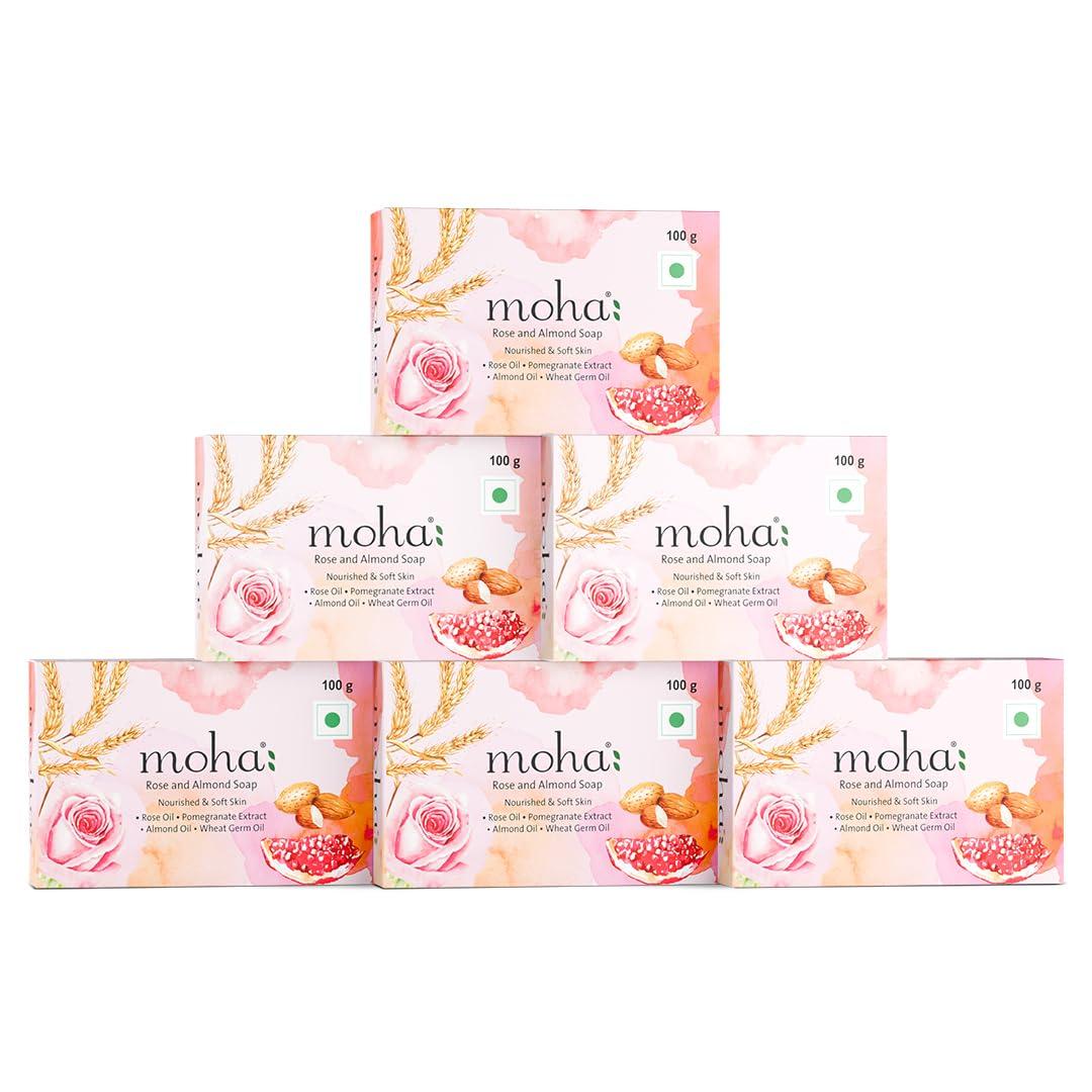 Moha Herbal Rose & Almond Soap | Bar with Rose Oil, Almond Oil, Wheat Gram Oil & Pomegranate for Nourished & Soft Looks | Bathing Soap for radiant com