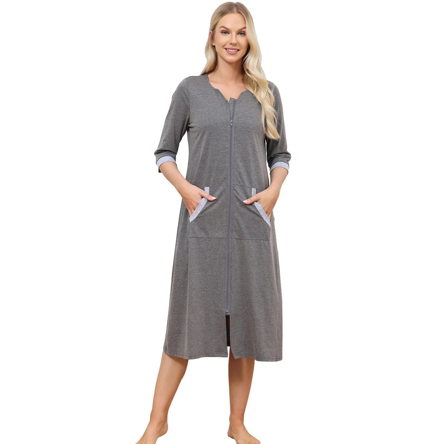 

Женские халаты из хлопка с короткими рукавами и карманами на молнии, длинный халат для сна, пижамы для дома, летняя повседневная домашняя одежда XXL серый