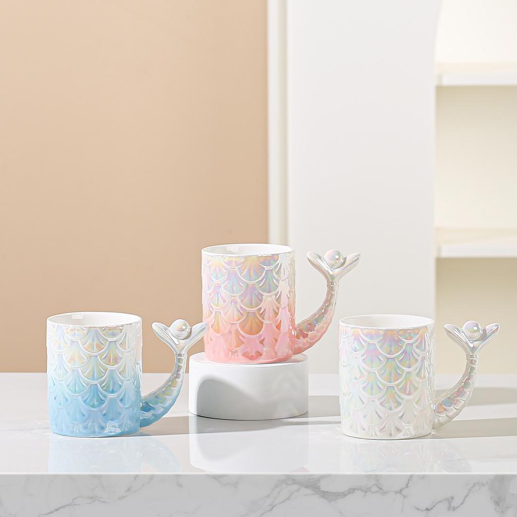 Personalized Mermaid Scale Relief Ceramic Cup Student Water Cup Gradient Mug High Temperature Resistant Office Cup Souvenir Gift
