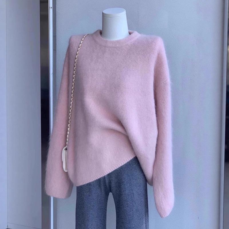 Pink thickened crew neck pullover sweater women's autumn and winter new raccoon velvet soft waxy loose outer wear knitted sweater
