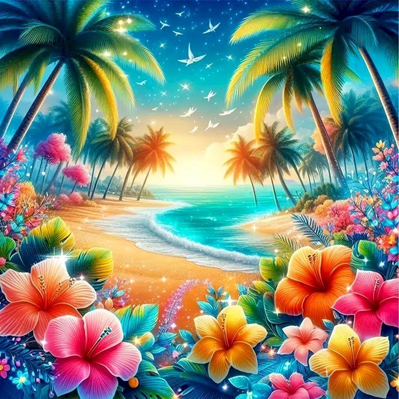 

5D DIY Diamond Painting Kit Tropical Beach Sunset with Palm Trees and Chairs Full Drill Cross Stitch Embroidery Mosaic Art Home Full Round 25x25cm