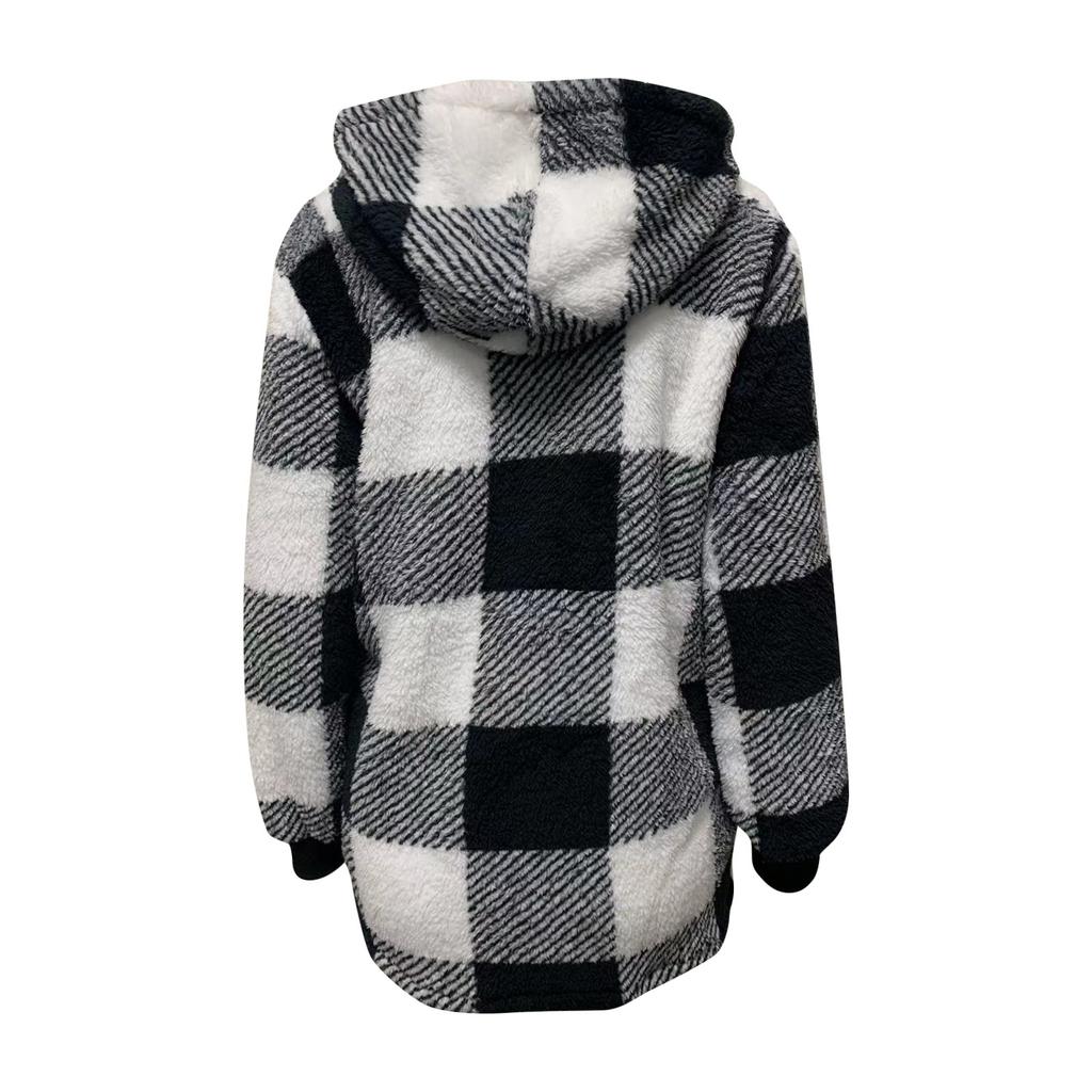 Women's Casual Plush Long Sleeve Plaid Hooded Zipper With Pocket Loose Coat