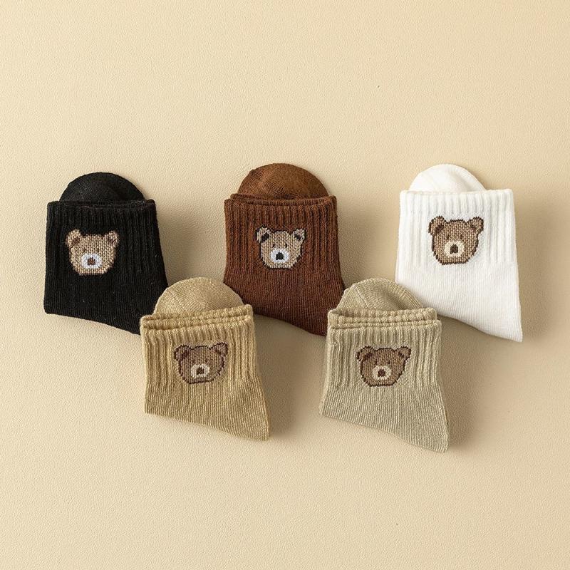 5Pair Cute Cartoon Bear Mid-Calf Docks Kid Socks Autumn/Winter Versatile Socks Soft Comfortable Breathable All-Season Socks