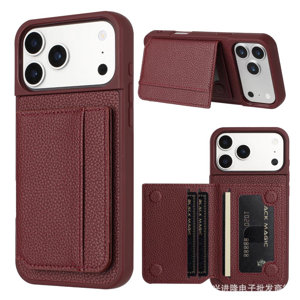 Applicable To iPhone17 Mobile Phone Case Samsung S25 Lychee Pattern Card Holder Anti-drop Protective Case A57 Solid Color Leather Case