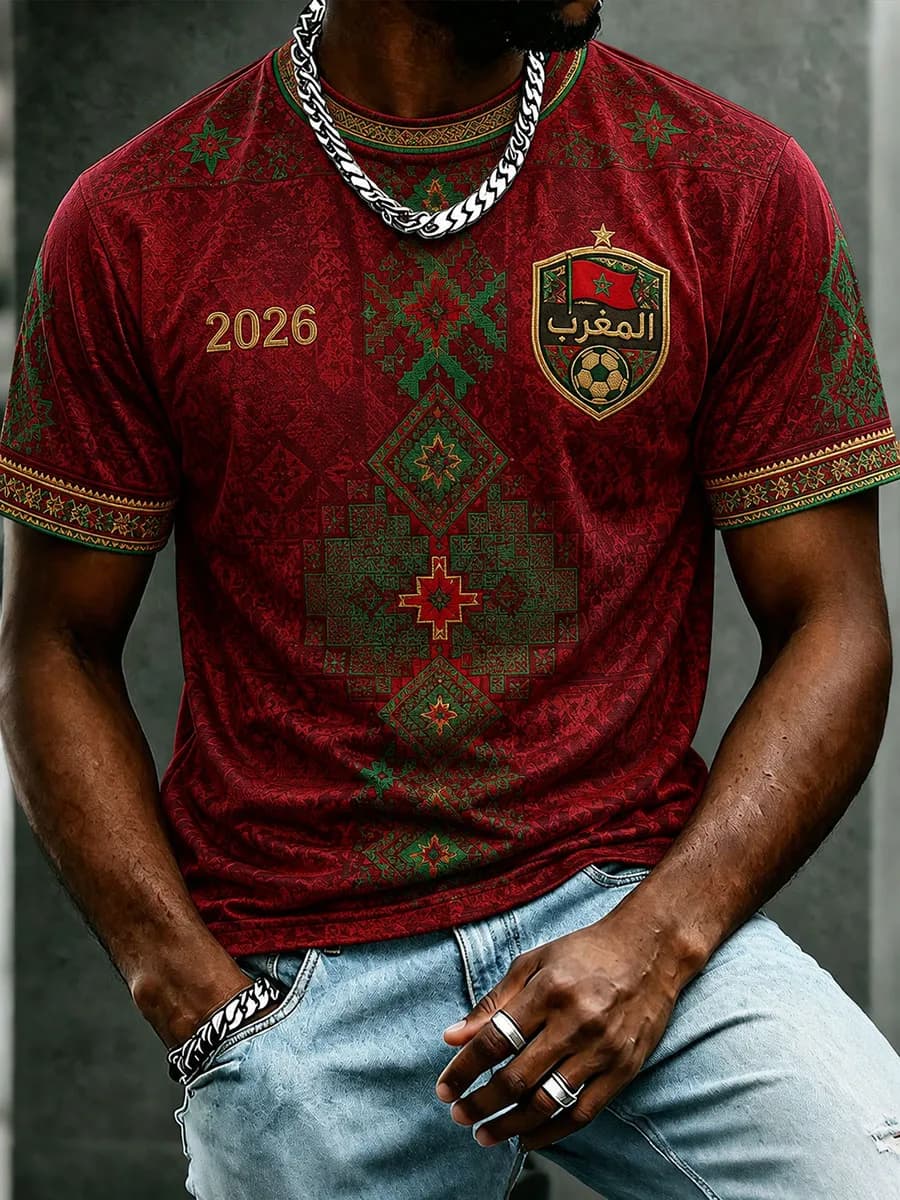 Huiteng12 2026 Marokko Voetbal Fans T-shirt Heren Rood Letterprint Korte Mouw T-shirt Team Voetbal Supporter Casual Sportshirt Top 6XL
