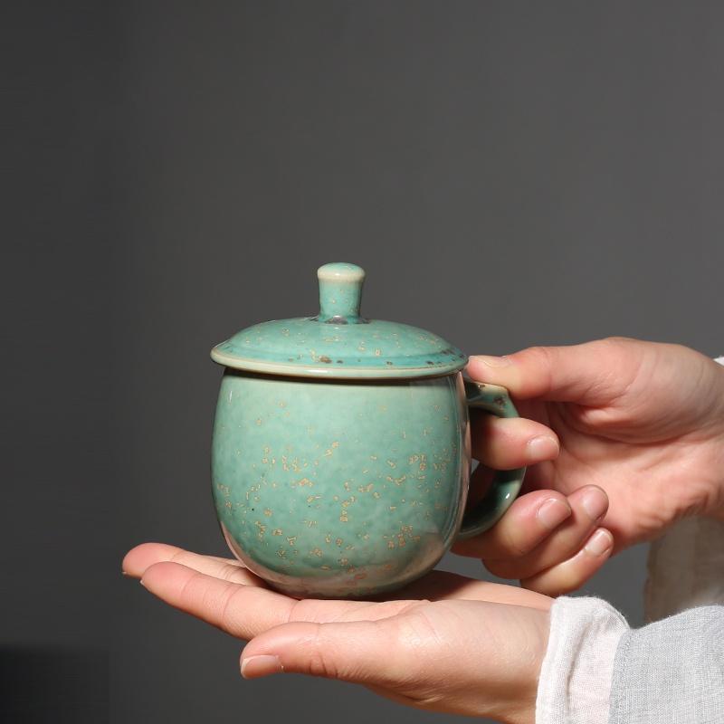 200ml Green Glaze Kiln Change Ceramic Mug with Lid Water Cup Coffee Cup